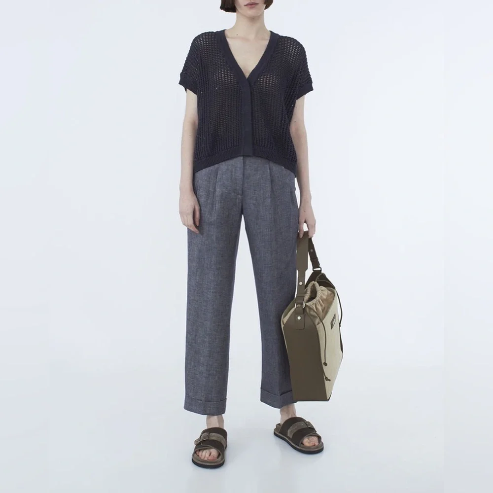 PESERICO Tailored 100% Linen Wide Leg Pleated Cuffed Trousers